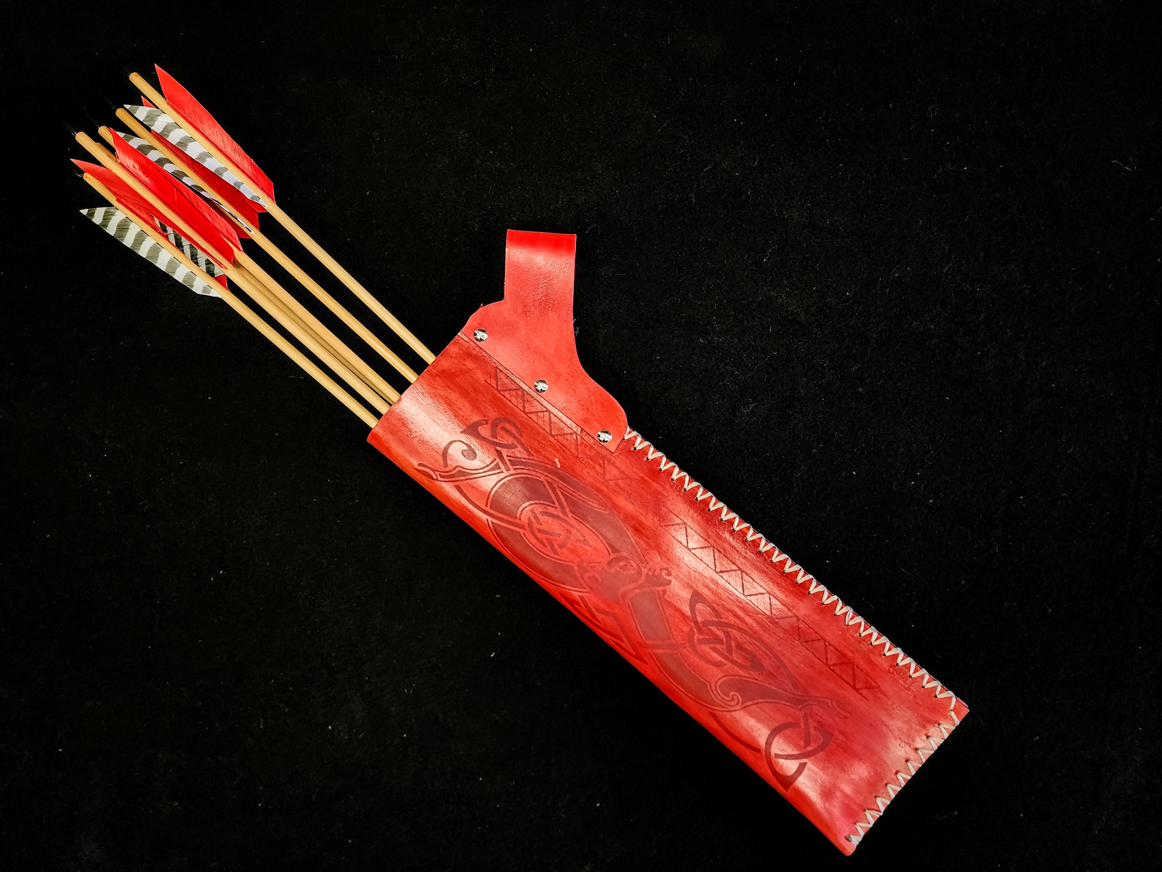DAC Custom - Leather Belt Quiver - Red with Norse Designs