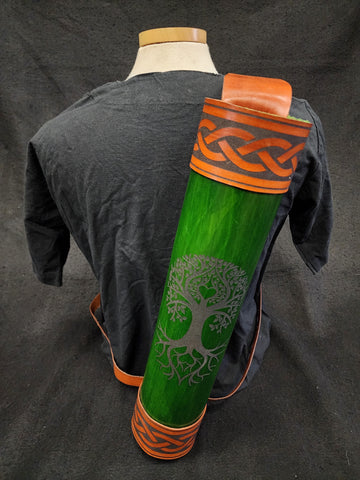 Handmade Leather Back Quiver - Green / Brown Tree of Life