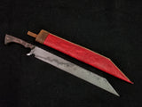 Custom - Large File Work Seax, w/ Red Tooled Leather Sheath